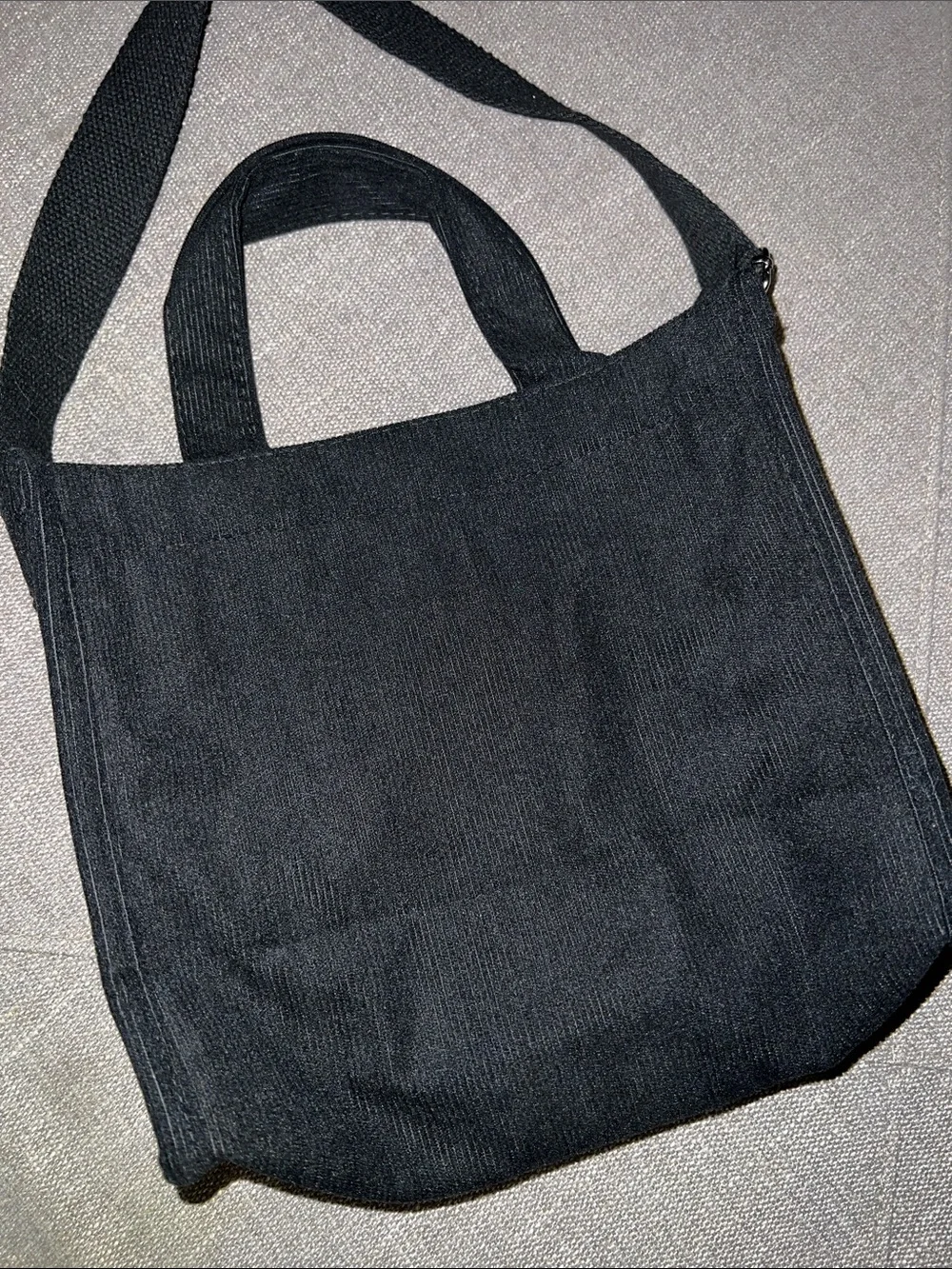 Black Corduroy Crossbody Tote Bag with Front Patch - Uerruam
